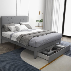 GYMAX Full/queen Upholstered Bed Frame Platform Bed With Drawer & Adjustable Headboard In Grey