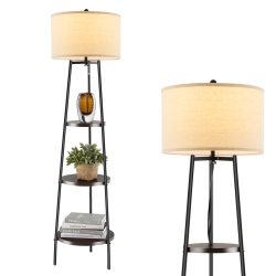 TOPBUY Shelf Floor Lamp Corner Floor Lamp W/ 3-Tier Shelves & Linen Lampshade Modern Standing Tall Bookshelf Lamp