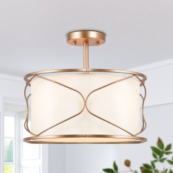 UOLFIN Modern Drum Kitchen Ceiling Light, 3-Light 15.7-In Brass Drum And Off-White Fabric Led Semi-Flush Mount Light In Gold