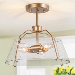 UOLFIN Modern 3-Light Ceiling Light, 13-In Matte With Seeded Drum Glass Shade Incandescent Semi-Flush Mount Light In Gold