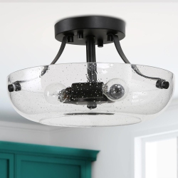 UOLFIN Modern Center Bowl Ceiling Light, 3-Light 11-In Modern In Dome Bowl Seeded Glass Led Semi-Flush Mount Light In Black