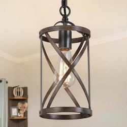 UOLFIN Modern Farmhouse Drum Pendant Light 1-Light Cage Kitchen Island Pendant Light With Faux Wood Accent