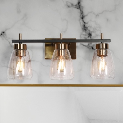 UOLFIN Modern Gold Bathroom Vanity Light, 22 In. 3-Light And Brass Gold Wall Sconce With Seeded Glass Shades In Black