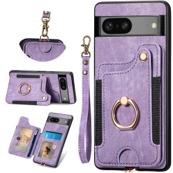 HLD Leather Case for Google Pixel 7A \w Card Holder, Rfid Blocking Protective Purse Cover \w Grip Ring Stand & Adjustable Wristlet Strap, Durable