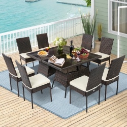 COSTWAY 10 PCs Patio Rattan Dining Set Glass Table High Back Chair Garden Deck Mix In Brown