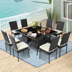 COSTWAY 10PCs Patio Rattan Dining Set Cushioned Chair Table With Glass Top Garden Furniture