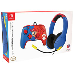 Super Mario Airlite Wired Headset & Rematch Wired Controller Bundle for Switch - Blue/Red