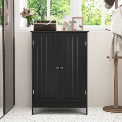 GYMAX Bathroom Floor Storage Cabinet Double Door Kitchen Cupboard Shoe Cabinet In Black