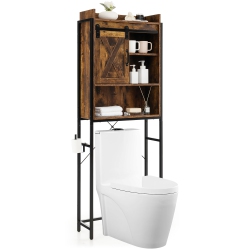 GYMAX Over The Toilet Freestanding Storage Rack Bathroom W/ Slipping Barn Door