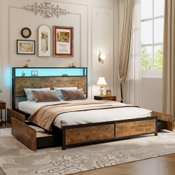 GYMAX Full/queen Industrial Platform Bed Frame With Storage Drawers & Led Lights Headboard