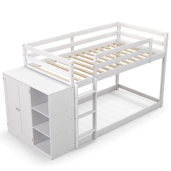 GYMAX Twin Over Twin Bunk Bed Wood Frame Storage Shelves Ladder Guardrails Kids In White