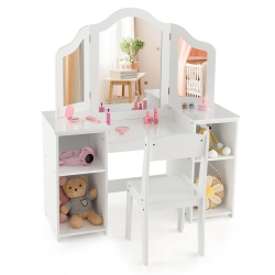 GYMAX Kids Vanity 2 In 1 Princess Makeup Desk & Chair Set Safe Tri-Fold Mirror