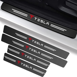 HLD 4PCs Car Door Sill Protector Scuff Plate Covers for Tesla \w Logo, Car Door Step Guards Carbon Fiber Door Entry Guard Stickers for Tesla Car