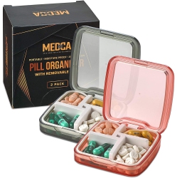 MEDCA Compact Pill Box Organizers - Pack Of 2-Portable Waterproof Medicine Organizer Daily Pill Containers W/ 4 Compartments And Divider, Durable Abs