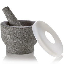 MEDCA Granite Mortar And Pestle Pill Crusher Set - Easy Grip Non-Slip Stone Muddler & Deep Bowl \w Silicone Lid - Grinder for Pills, Tablets