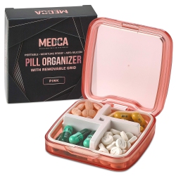 MEDCA Compact Pill Box Organizer - Portable Waterproof Medicine Organizer And Daily Pill Container \w Removable 4 Compartment Divider - Pills Case