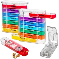 MEDCA Weekly Pill Organizers \w Pill Cutter - V-Grip Pill Splitter (Pack Of 2) Stackable Pill, Medicine, Vitamin Organizer \w 4 Times-A-Day Daily