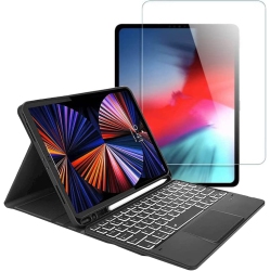 SAHARACASE Apple Ipad Pro 12.9" (4Th, 5Th, And 6Th Gen 2020-2022) Protection Kit Bundle - Keyboard Folio Case With Tempered Glass Screen - In Black