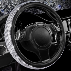 HLD Diamond Leather Steering Wheel Cover, \w Bling Crystal Rhinestones Universal Fit 14" 1/2-15" Crystal Glitter for Women Sparkle Girl Fit