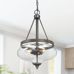UOLFIN Farmhouse Dining Room Chandelier, 3-Light Rustic Bronze Pendant Light With Clear Glass Shade And Painted Wood Accents