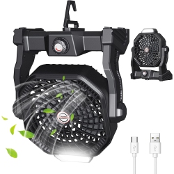 GLOW ACCESSORIES Camping Fan - Rechargeable With Led Lantern & Hanging Hook - 270° Rotation - for Outdoor & Indoor Activities