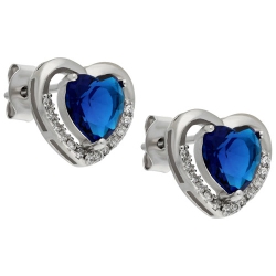 LE REVE SILVER Le Reve Collection Heart & White Cubic Zirconia Stud Earrings In Sterling Silver In Blue