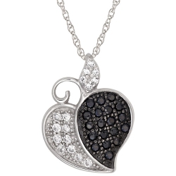 LE REVE SILVER Le Reve Collection Pave Black/white Cubic Zironia Heart Pendant On 18" Sterling Chain