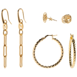 BRONZORO Drop Earring, Loveknot Stud & Twisted Hoop Earring Set In 18K Gold In Yellow