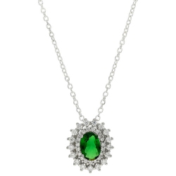 LE REVE SILVER Le Reve Collection Center Glass Oval Crystal Pendant In 18" Sterling Silver Chain In Green