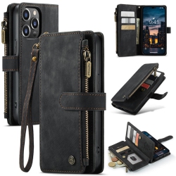 CASEME Iphone 14 Wallet Case \w Card Holder Retro Leather Protective Phone Wallet Case \w Magnetic Kickstand Wrist Strap Zipper Cover \w 7-Slots