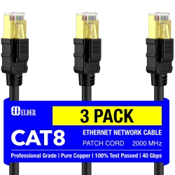 ELDER Cat8 Ethernet Cable 10Ft Network Cable X3 Pack High Speed 40GBps 2000Mhz Patch Cord LAN Heavy Duty Shielded Cat 8 Rg45 Cable Poe Internet Wire