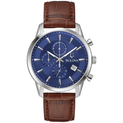 BULOVA Mens Sutton Quartz Watch 41MM Silver-Tone Stainless Steel Case Brown Leather Strap With Dial (96B402) In Blue