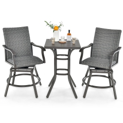 COSTWAY 3PCs Patio Rattan Bar Table Stools Set Aluminum 360° Swivel Chairs With Padded Seat