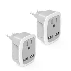 NAVOR (2 Pack) 3-In-1 European Travel Power Plug Adapter, International Adapter Wall Charger \w 1 American Socket And 2 USB Ports, Suitable for Us