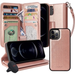 NAVOR Universal Car Mount & Magnetic Detachable Wallet Case [Rfid Protection] [10 Card Pockets] [3 Money Pockets] Compatible for Iphone 12 Pro [6.1