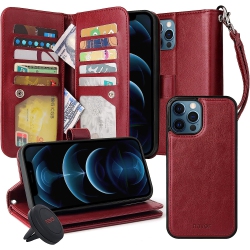 NAVOR Universal Car Mount & Magnetic Detachable Wallet Case [Rfid Protection] [10 Card Pockets] [3 Money Pockets] Compatible for Iphone 12 Pro Max