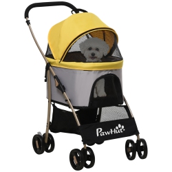 PAWHUT 4 Wheels Pet Stroller, 3 In 1 Dog Cat Travel Folding Carrier, for Small Dogs, Detachable, W/ Brake, Canopy, Basket, Storage Bag - In Yellow
