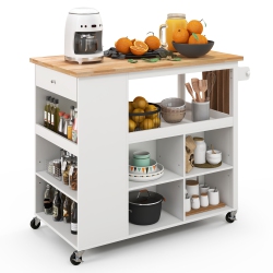 COSTWAY Kitchen Island Trolley Cart On Wheels With Storage Open Shelves & Drawer