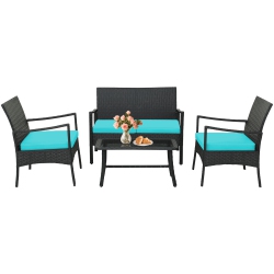 TOPBUY 4PCs/8PCs Patio Wicker Furniture Set Pe Wicker Furniture Conversation Set Rattan Sofa Chair With Cushions Tempered Glass Coffee Table