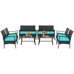 TOPBUY 4PCs/8PCs Patio Wicker Furniture Set Pe Wicker Furniture Conversation Set Rattan Sofa Chair With Cushions Tempered Glass Coffee Table