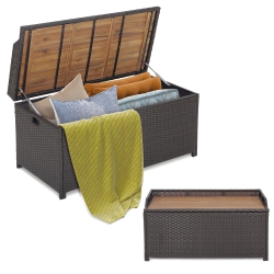 GYMAX Patio Wicker Deck Box W/ Acacia Wooden Seat Storage Bench Poolside Garden