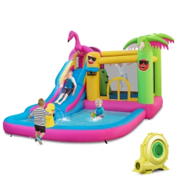 TOPBUY 6-In-1 Dry Wet Combo Water Slide Inflatable Bouncy House With Splashing Pool Water Gun & Climbing Wall Blowup Jumping Castle