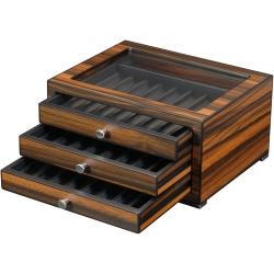 AROLLY 3-Drawers With 24 Slots Pencil Fountain Pen Ebony Wood Display Case Holder Storage Organizer With Glass Top Lid