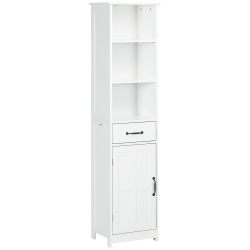 KLEANKIN Tall Bathroom Storage Cabinet, Narrow Bathroom Cabinet With 3 Open Shelves, Drawer, Recessed Door And Adjustable Shelf In White
