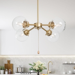 UOLFIN Modern Sputnik Bedroom Chandelier, 4-Light Island Chandelier With Adjustable Pull Chain Switch In Gold