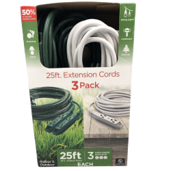 JASCO 1459518 25Ft.extension Cords 3Pack Indoor & Outdoor Grounded