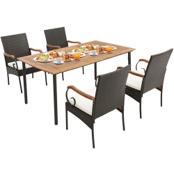 COSTWAY 5PCs Patio Wicker Dining Set Cushion Armchairs Acacia Wood Table With Umbrella Hole