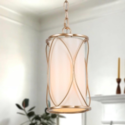UOLFIN Modern Drum Island Pendant Light 1-Light Brass Cage Chandelier Pendant Ceiling Light With Fabric Shade In Gold