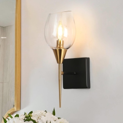 UOLFIN Modern Round Bedroom Wall Light, 4.7-In W 1-Light And Gold In Clear Bell Cup Transitional Led Wall Sconce In Black