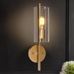 UOLFIN Modern Cylinder Powder Room Wall Sconce 1-Light Bathroom Vanity Light With Seeded Glass Shade In Gold